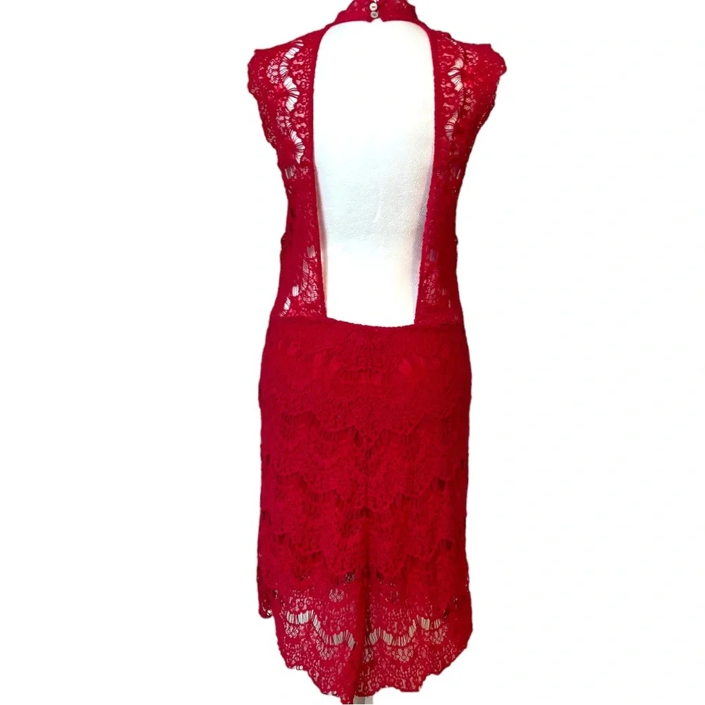 Free People Daydream Lace Mini Dress Red L Large Open Back Date Night Boho
